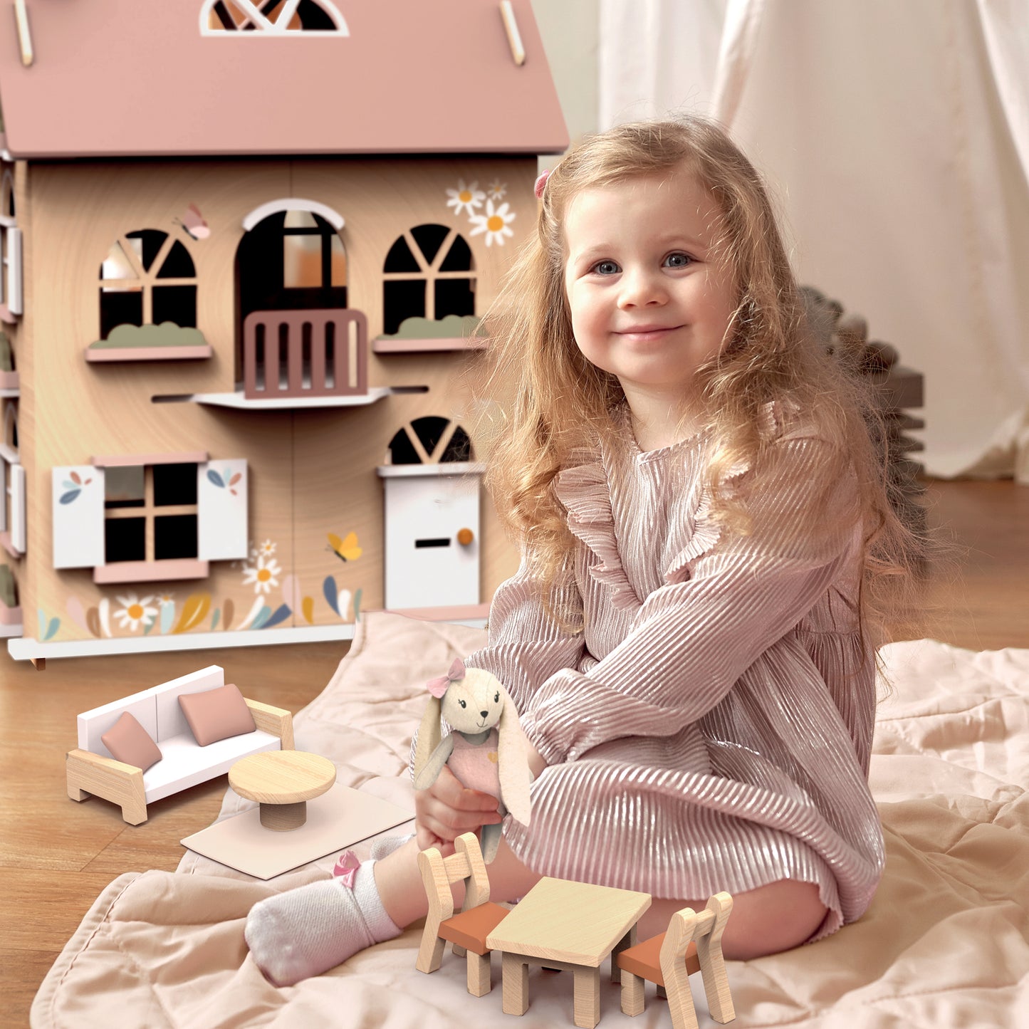 Speedy Monkey - Flower Cottage Doll House with Starter Furniture Set